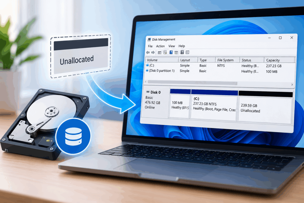 הדיסק מופיע כ־Unallocated הדיסק מופיע כ־Unallocated